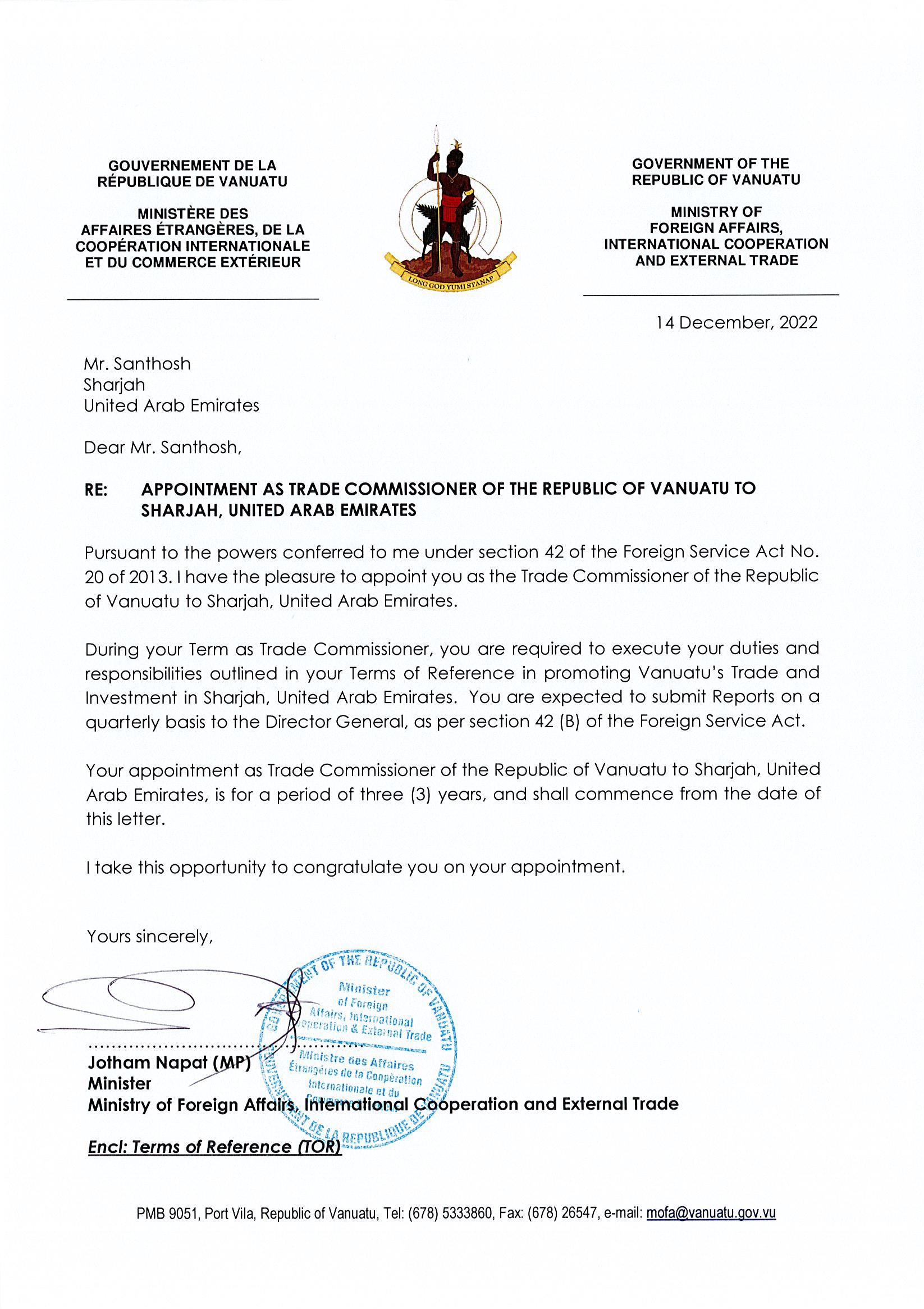 Letter of Trade Commissioner UAE